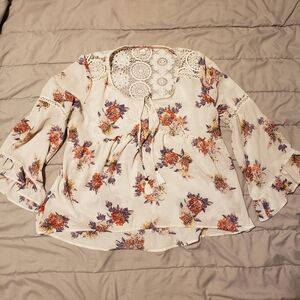 Xhiliration Women's Colorful Creme Bohemian Floral Lace Top 2X